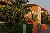 Spain, Canary Islands, La Palma, main facade of a colonial-style luxury hotel at sunset