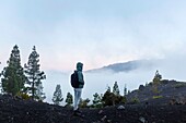 Spain, Canary Islands, La Palma, hiker on a trail in lush greenery in a mountainous and volcanic environment