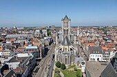 Belgium, East Flanders, Ghent, bedside of the Saint Nicolas church with its lantern tower seen from the belfry