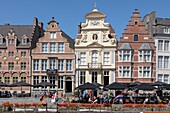 Belgium, East Flanders, Ghent, Korenlei (Quai au Blé), along the river Lys, tourist boats and old houses of baroque and classical style