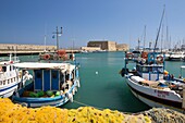 Greece, Crete, Heraklion, port of Heraklion and the fortress of Heraklion called fortress of Koules which is a Venetian building dating from 1523