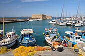 Greece, Crete, Heraklion, port of Heraklion and the fortress of Heraklion called fortress of Koules which is a Venetian building dating from 1523