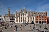 Belgium, West Flanders, Bruges, historical center listed as a UNESCO World Heritage, Grand Place, historium museum and Provinciaal Hof or provincial palacec