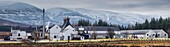 United Kingdom, Scotland, Highlands region, horizontal panoramic view of Dalwhinnie Distillery