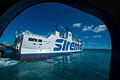 Italy, Sicily, Trapani, Egades archipelago, Favignana, the Siremar ferry from the porthole