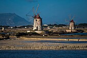 Italy, Sicily, Marsala, Saline Dello Stagnone, salt marshes, windmills