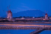 Italy, Sicily, Marsala, Saline Dello Stagnone, salt marshes, windmills