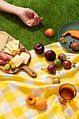 Anonymous person's hand is visible colorful summer picnic scene capturing a variety of fresh fruits like apples, apricots, and plums, alongside assorted cheeses and meats on a wooden board, all set on a yellow and white gingham blanket