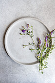 Top view of a minimalist summer table setting featuring a ceramic plate and delicate purple wildflowers, creating an elegant yet simple design.