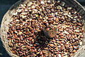 A close-up image captured in Vietnam displaying a variety of freshly harvested cocoa beans, heaped in a rustic woven basket, with a small container overflowing with beans.