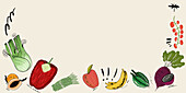 An assortment of hand-drawn colorful fruits and vegetables, including a fennel, bell pepper, acorn squash, leek, apple, bananas, cherry tomatoes, and beet, arranged on a light background.