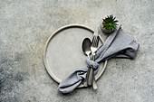 Top view of elegant, minimalist table setting featuring a simple ceramic plate, silver cutlery wrapped in a grey napkin, and a small succulent plant adding a touch of greenery