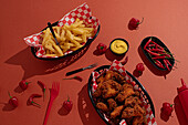 An appealing display of fast food, featuring crispy fried chicken, french fries, and red hot chili peppers artistically arranged on red checkered serveware, accompanied by mustard sauce, all set against a matching red backdrop