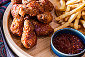 Crispy fried chicken hips served on a wooden plate alongside golden french fries and a bowl of rich BBQ sauce, perfect for a hearty meal.