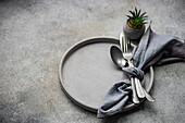 Top view of elegant, minimalist table setting featuring a simple ceramic plate, silver cutlery wrapped in a grey napkin, and a small succulent plant adding a touch of greenery