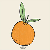 A digitally-created, textured illustration of a bright orange orange with two green leaves, presented on a light background.