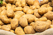 Close-up view of a pile of fresh, unpeeled, earthy potatoes on a burlap sack, as found in a market setting