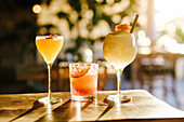 A selection of three beautifully presented cocktails on a wooden bar. The warm ambient lighting enhances the vibrant colors of the drinks, creating an inviting atmosphere perfect for socializing and relaxation