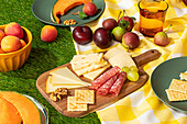 A colorful summer picnic scene displays an array of snacks including cheeses, salami, grapes, and fresh fruits beautifully arranged on a grassy surface with a yellow checkered tablecloth, perfect for social gatherings and outdoor meals