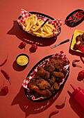 Fried chicken and French fries served in baskets, accompanied by red chili peppers and sauce containers, arranged on a vibrant red background for a striking visual contrast