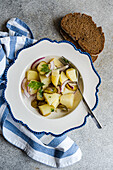 A classic variation of German potato salad, featuring diced boiled potatoes, crisp red onions, and tangy slices of fermented cucumber served in a decorative white and blue rimmed bowl with a side of dark rye bread