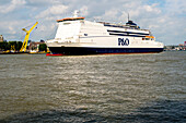 Rotterdam, Netherlands. P&O Ferry sailing up the Nieuwe Maas River towards Erasmusbridge during World Port Days 2016.