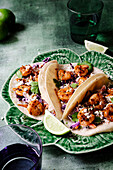 3 crab tacos with slaw, lime and cilantro