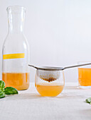 A bottle of homemade fruit-flavoured fermented kombucha drink on a white background