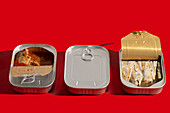 Three Tins of Sardines on a red background