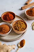 Ground spices in bowls on a neutral background