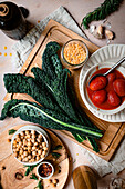 flatlay of ingredients for chickpea stew