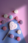 Colorful French Macarons. Retro Color Blocking Aesthetic Flatlay.