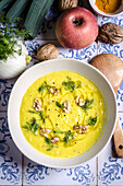 Fennel, leek and apple soup with walnut and turmeric