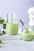 Fresh coriander sauce in a white kitchen