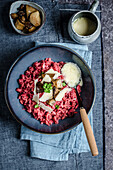 Beetroot risotto with porcini mushroom and parmigiano fondue