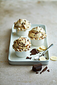 Banana ice cream with chocolate chips and chocolate sauce