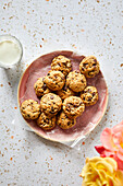 Oatmeal cookies on a pink plate