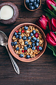 Granola with cherries and blueberries in a ceramic bowl