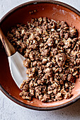 Apples rhubarb crumble ingredients in a bowl