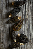 Close up black morels on a gray wooden background