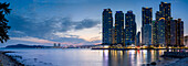 Skyscrapers of Marine City and Gwangan Bridge at dusk, Busan, South Korea, Asia