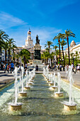 Moret-Denkmal und Springbrunnen auf der Plaza de Sevilla, Cádiz, Andalusien, Spanien, Europa