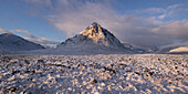 Stob Dearg (Buachaille Etive Mor) in winter with Glen Etive and Glencoe at sunrise, Rannoch Moor, Argyll and Bute, Scottish Highlands, Scotland, United Kingdom, Europe