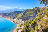 View of the Ionian coast and Mount Etna in the distance, Taormina, Sicily, Italy, Mediterranean, Europe