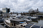 View of Dusseldorf-Hafen, an urban quarter of Dusseldorf, Germany, located on the River Rhine and location of the city's docks, Dusseldorf, North Rhine Westphalia, Germany, Europe