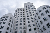 Blick auf den Neuen Zollhof, benannt nach einer ehemaligen Zollanlage, ein Gebäudeensemble im Medienhafen und markantes Wahrzeichen des Düsseldorfer Hafens, Teil des neu gestalteten Düsseldorfer Hafens, Düsseldorf, Nordrhein-Westfalen, Deutschland, Europa