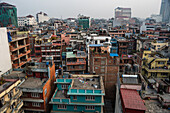 Sunrise skyline with colourful houses and residential rooftops, of densely populated Thamel in Kathmandu, Nepal, Asia