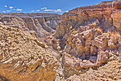 Ein tiefer Canyon, der sich durch die Hügel aus violettem und grauem Bentonit-Ton in der Nähe von Hamilili Point am südlichen Ende des Petrified Forest National Park, Arizona, Vereinigte Staaten von Amerika, Nordamerika, erodiert hat