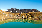 Turquoise and yellow green Emerald Lake in front of the Tongariro Volcano, Tongariro National Park, UNESCO World Heritage Site, North Island, New Zealand, Pacific