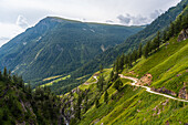 Schönes Alpental mit einer Landstraße, die den Hang hinunterführt, bei Domodossola, Piemont, Italien, Europa